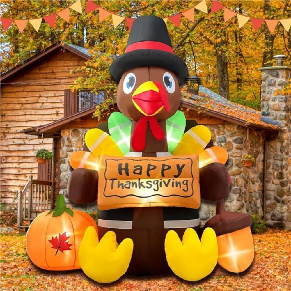 6FT Thanksgiving Inflatables Turkey Blow Up with Built-in Led Lights for Outdoor